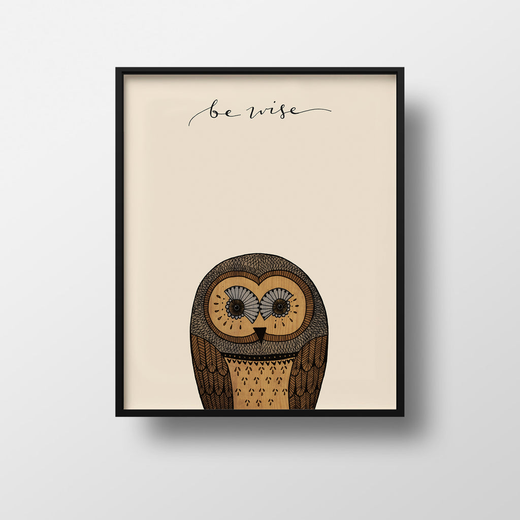 A small, intricate, woodland owl on a cream background with the words "be wise" in calligraphy at the top. 