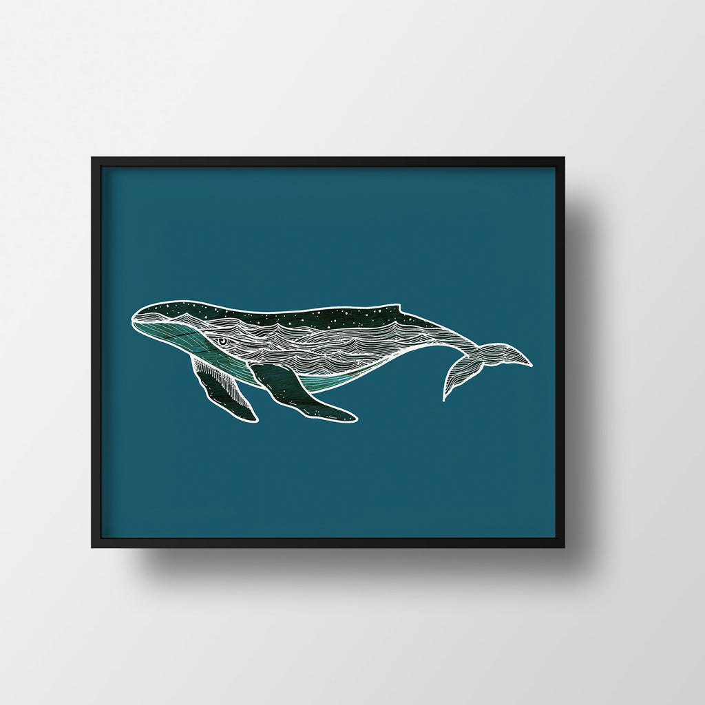 Illustration of a humpback whale with waves and the night sky in its body.